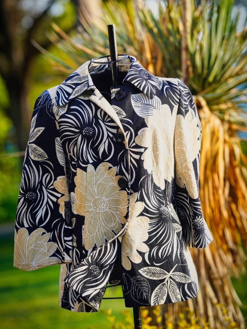 Rafaella Petites Floral Button-Front Jacket - Black & Tan - Size 10P
